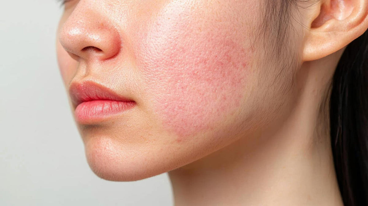 Closeup of a womans face with redness and skin irritation highlighting skin