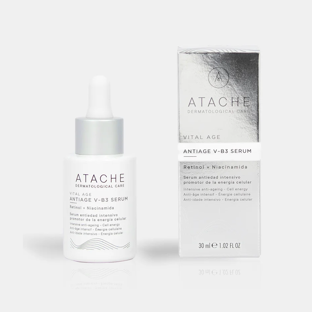 Atache Intensive Anti-age V-B3 veido serumo buteliukas ir pakuotė iš priekio, 30 ml