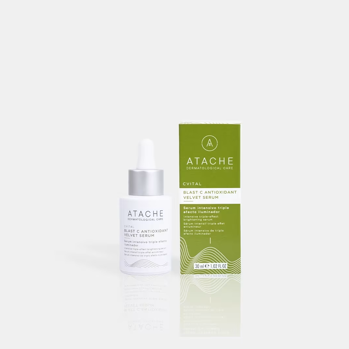 Atache Blast C Antioxidant Velvet Serum veido serumo buteliukas ir pakuotė iš priekio, 30 ml