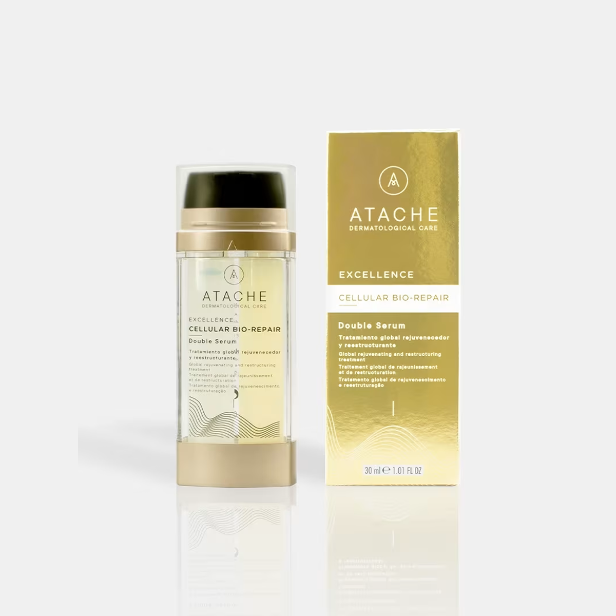 Atache Excellence Cellular Bio-Repair Double Serum veido serumo buteliukas ir pakuotė iš priekio, 30 ml