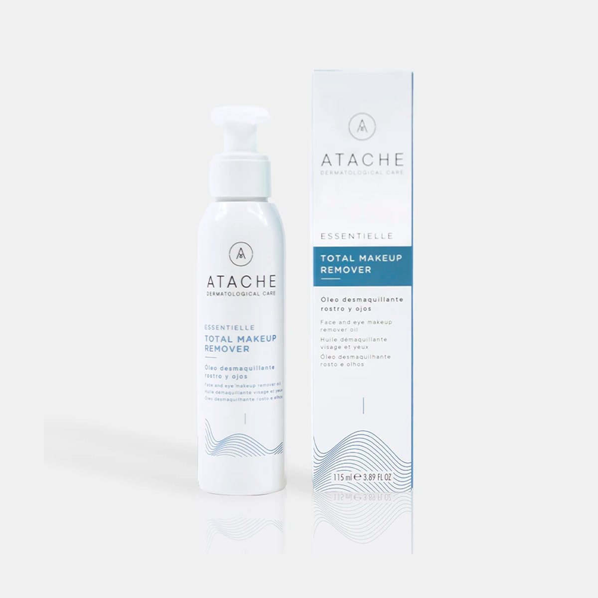 Atache Total Makeup Remover makiažo valiklio buteliukas ir pakuotė iš priekio, 115 ml
