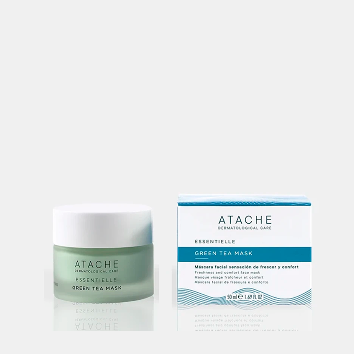 Atache Green Tea Mask veido kaukės indelis ir pakuotė iš priekio, 50 ml