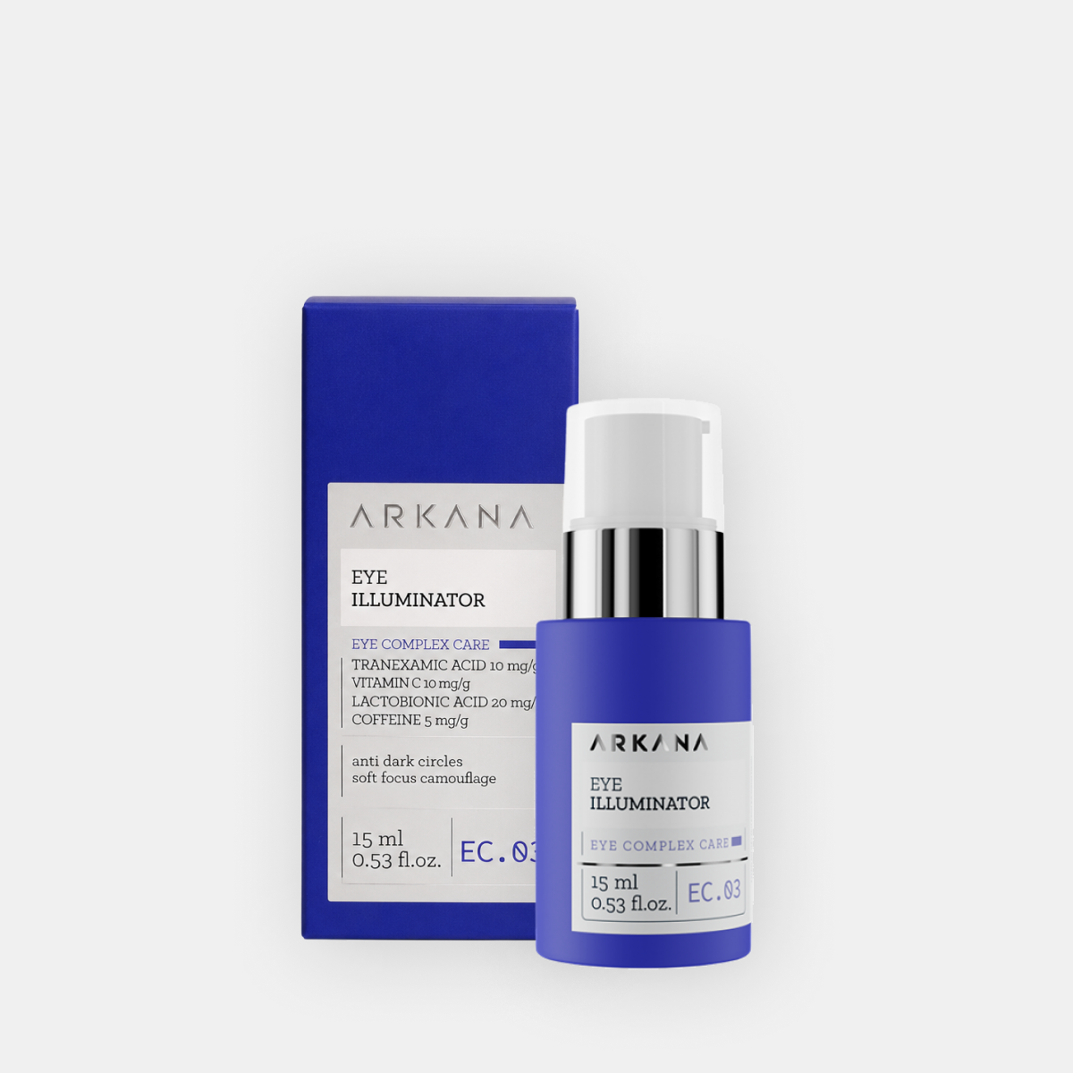 Arkana Eye Illuminator Skin Brightening Eye Cream paakių kremo buteliukas ir pakuotė iš priekio, 15 ml