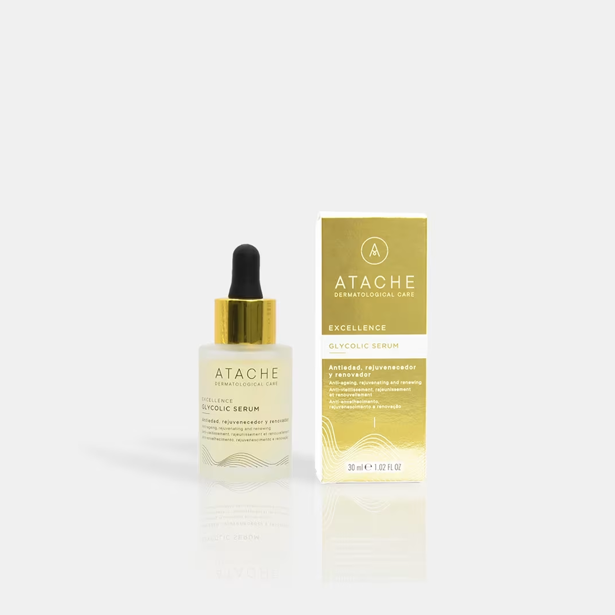 Atache Glycolic Serum veido serumo buteliukas ir pakuotė iš priekio, 30 ml
