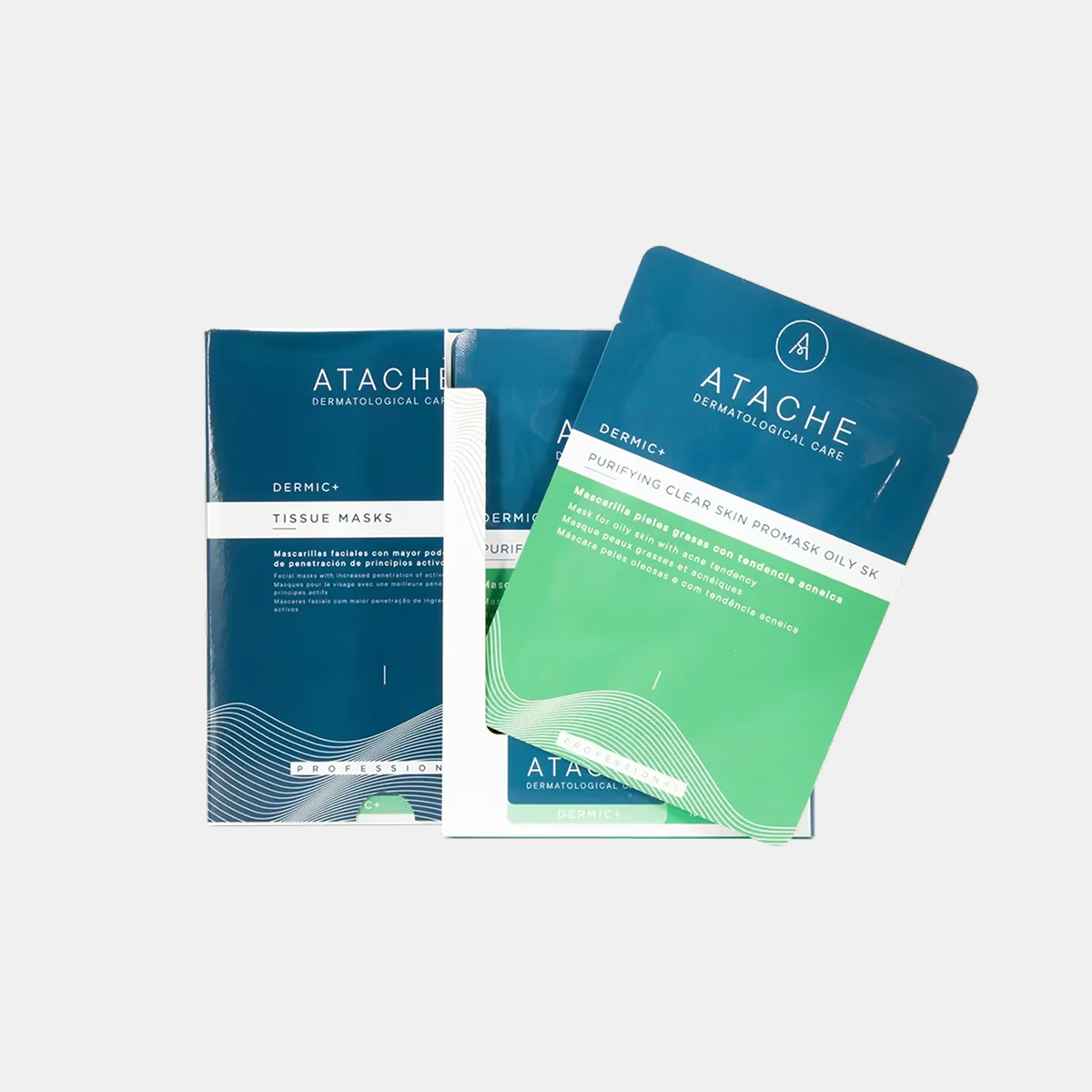 Atache Purifying Clear Skin lakštinė veido kaukė iš priekio kartu su kitomis Atache veido kaukėmis, 20 g