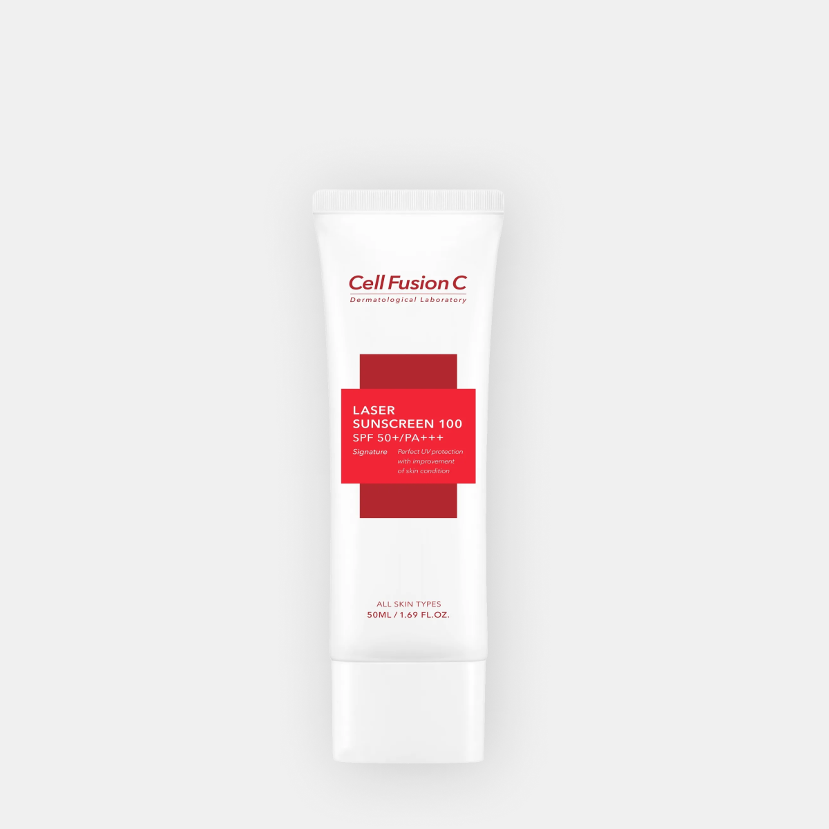 Cell Fusion C Laser Sunscreen 100 SPF 50 apsaugos nuo saulės kremo tūbelė iš priekio, 50 ml
