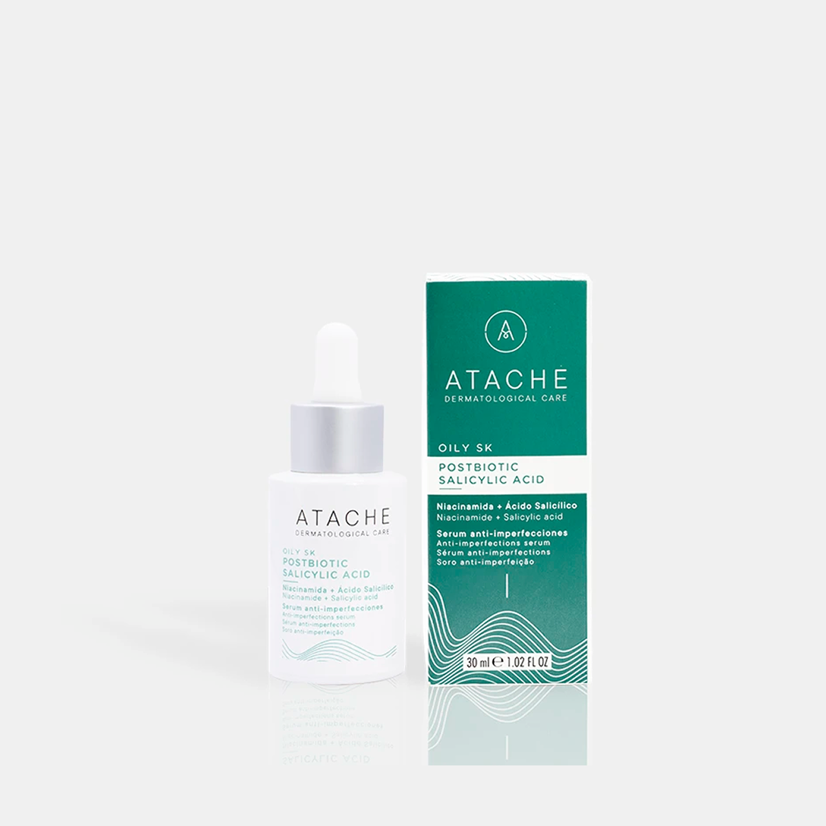Atache Postbiotic Salicylic Acid Serum veido serumo buteliukas ir pakuotė iš priekio, 30 ml