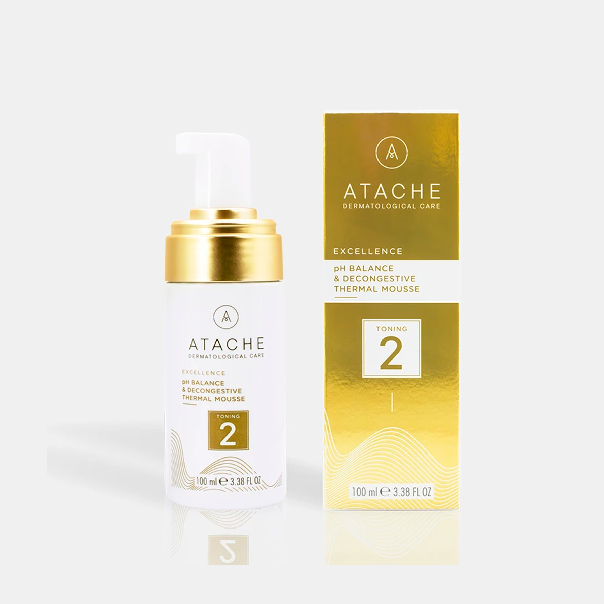 Atache PH Balance & Decongestive Mousse toniko-putų buteliukas ir pakuotė iš priekio, 100 ml