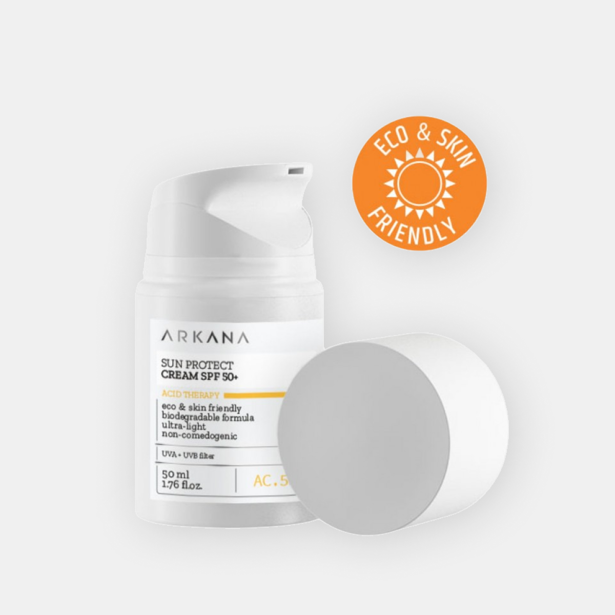 Arkana Sun Protect Cream SPF 50 apsauginio veido kremo buteliukas iš priekio, 50 ml