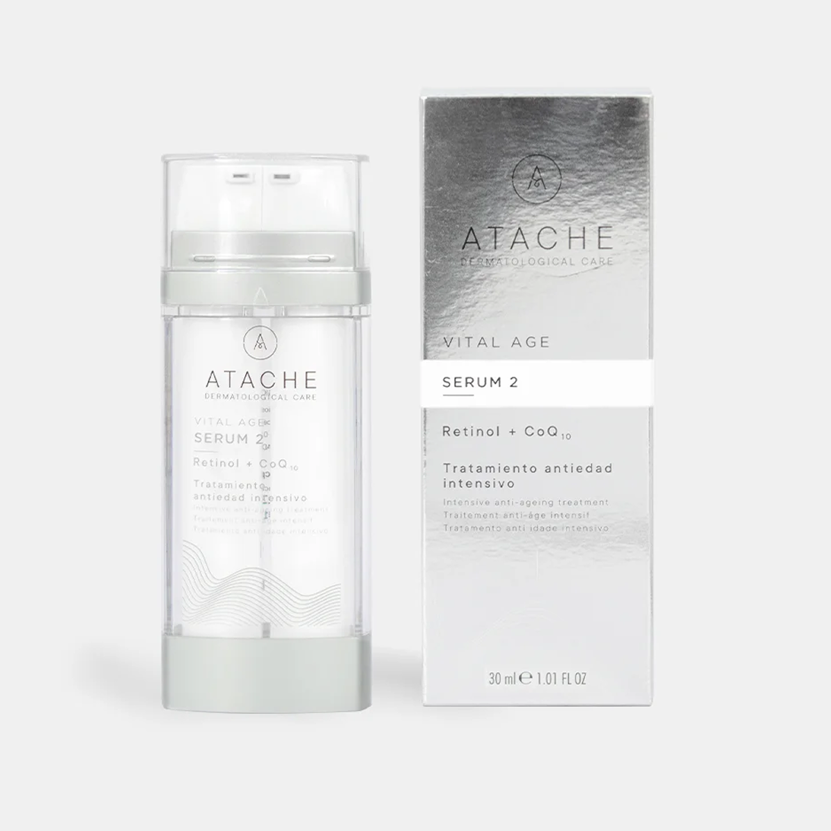 Atache Serum 2 Retinol + CoQ10 veido serumo buteliukas ir pakuotė iš priekio, 30 ml